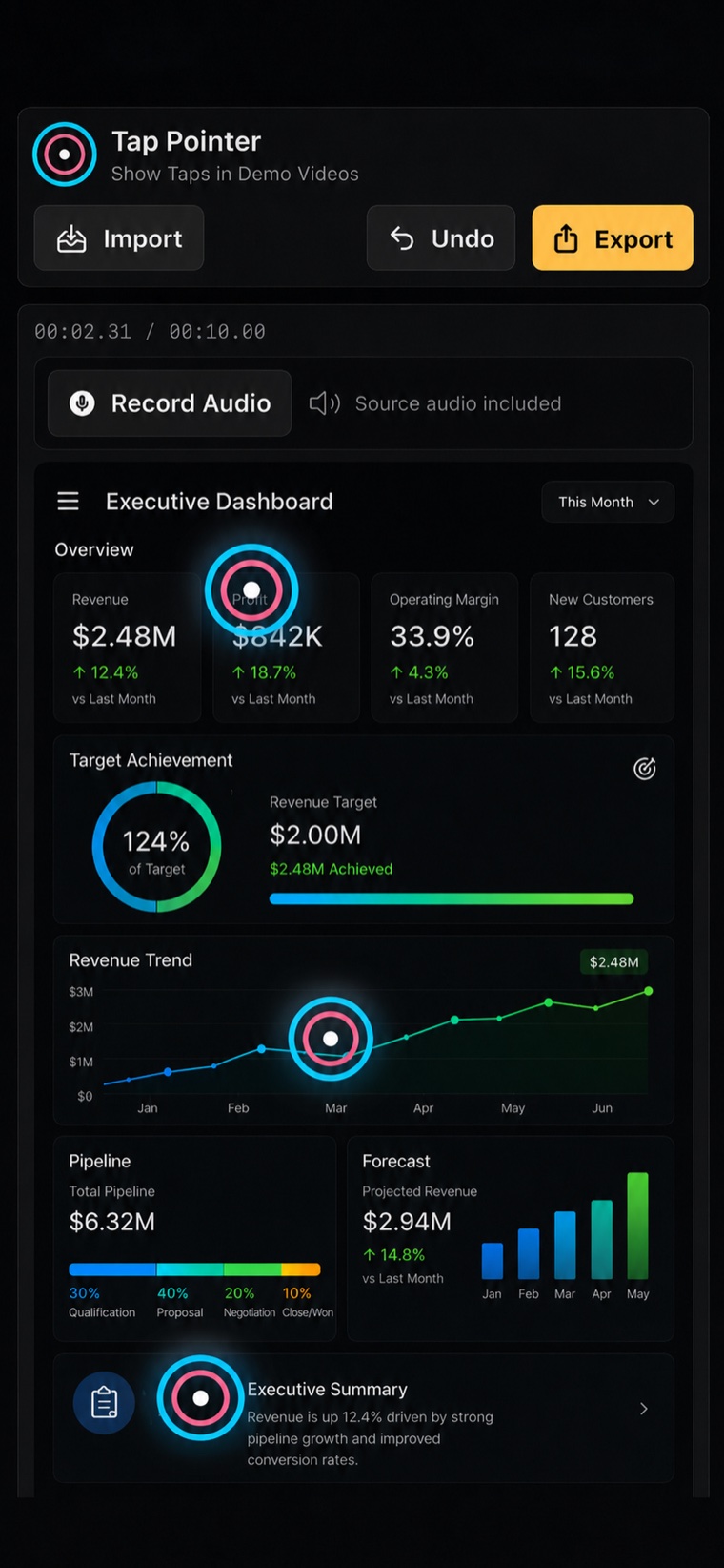 Tap Pointer editor with tap markers on a dashboard demo video