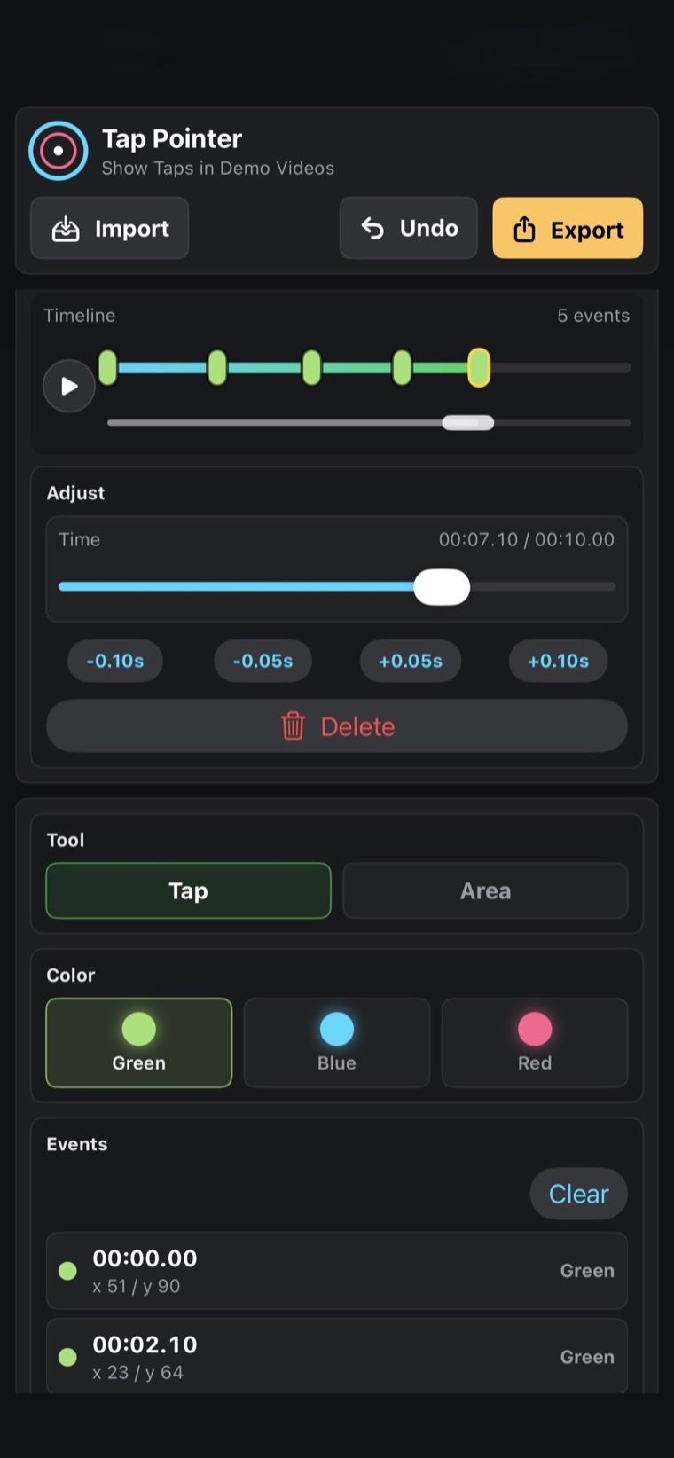 Tap Pointer timeline and event adjustment controls
